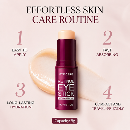 Halo House Retinol Eye Stick with Caffeine — effortless skincare routine infographic highlighting easy application and fast absorption