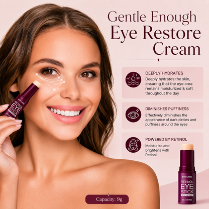 Woman smiling while applying Halo House Retinol Eye Stick under eye — gentle formula deeply hydrates and diminishes puffiness