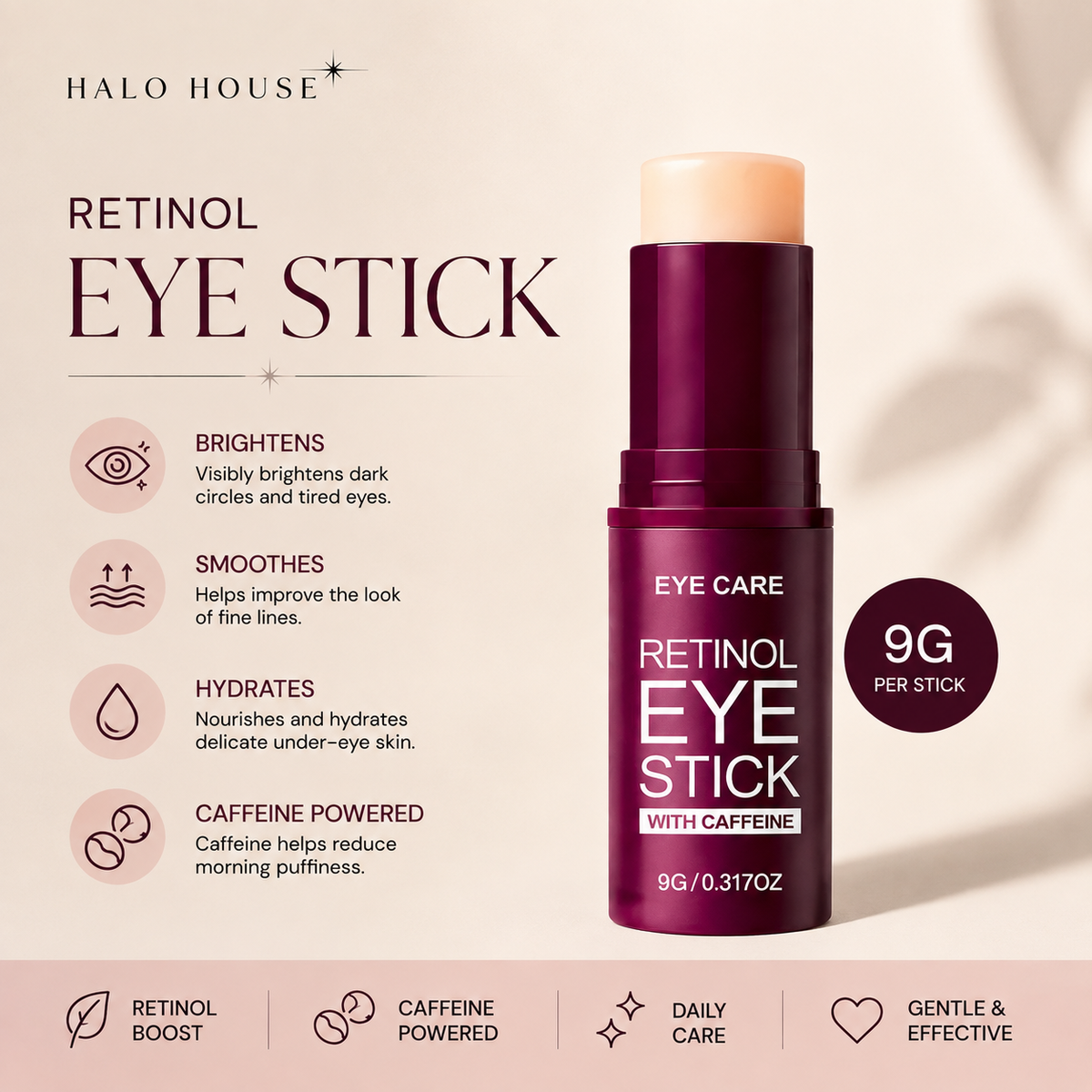  Halo House Retinol Eye Stick with Caffeine product dimensions — 7.1cm tall, 2cm wide, 9g capacity, capped and uncapped